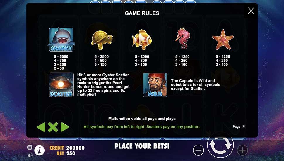 Bảng thanh toán biểu tượng trong game Great Reef